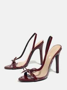 Jin Bei Qi 女士圆头漆皮蝴蝶结装饰透明玻璃果冻细高跟凉鞋，优雅时尚，适合派对，酒红色