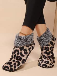 1 Pair Women's Leopard Print Plush Lined Warm Indoor Socks, Thickened Floor Socks/Slippers