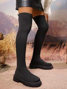 2025秋冬新款女靴，百搭时尚过膝靴，弹力靴，平底女靴，秋冬袜靴，过膝女靴，舒适女靴，时尚女靴，女士过膝靴 - 黑色 - 查看 3