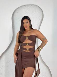 Short Star Dress, Tight-Fitting, Elegant Party Club Dress - 鏽棕色 - 查看 2