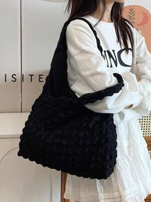 云朵与花卉印花单肩包，新款休闲斜挎包，适合女士/学生，简约帆布购物袋