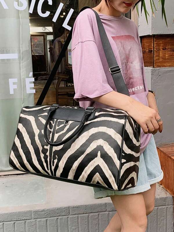 Women's Tote Bag, Zebra Print Travel Bag, Large Capacity Handbag, PU Material, Striped Travel Bag, Clothing Storage Bag, Adjustable Shoulder Strap, Fits Over Suitcase Handle, Student Gym Bag, Maternity Bag, Carry-On Weekender Bag