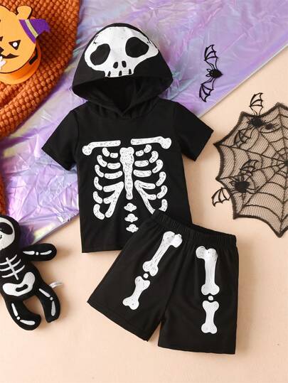 男婴万圣节服装骷髅图案连帽短袖套头衫+短裤运动套装