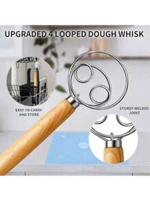 Danish Dough Whisk, Stainless Steel Dough Hook, Dutch Whisk, Suitable For Sourdough, Bread Dough, Mixer, Handmade Wood Handle, Kitchen Baking Mixing Tool, Bread Making Supplies, Holiday Party Gift, Birthday Party Gift