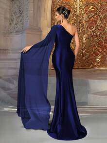 VIPGIRL Đầm dạ hội satin màu xanh hải quân thanh lịch, lệch vai, đính hạt cườm và xẻ tà cao, đầm dự tiệc sang trọng cho nữ, đầm dạ hội dài cho nữ, đầm cưới mùa xuân. - Màu xanh hải quân - Xem 3