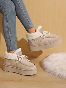 1. Thick Sole Lace-Up Fluffy Snow Boots For Teenagers, Warm And Energetic, Suitable For Students In Winter, Campus, Commuting, Outdoor Play, And Casual Occasions, Cool Black Thick Sole Lace-Up Fluffy Snow Boots, Light Brown Thick Sole Lace-Up Fluffy Snow Boots