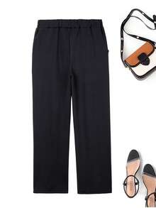 2 piezas Pantalones de mujer de unicolor con bolsillos elegantes y elásticos de cintura alta, aptos para el trabajo y la oficina, para uso diario, todo el año