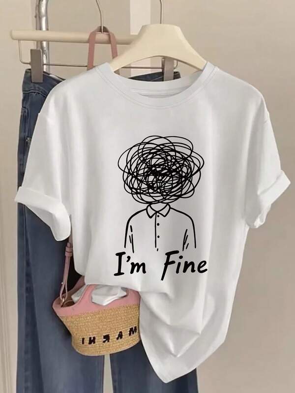 2025 Spring/Summer Casual Minimalist "I'm Fine" Graphic Print T-Shirt, Women's Short Sleeve Round Neck Casual Top, Minimalist Line Art Design, Machine Washable, Women's T-Shirt, Casual Wear, Round Neck Blouse