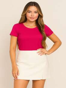 Women's Basic Viscolycra Blouse Round Neck Baby Look Short Sleeve - Hồng - Xem 1