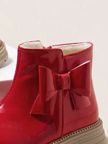 一双儿童红色蝴蝶结装饰闪亮靴子，配有毛绒衬里，适合寒冷天气、生日派对和日常服装，可与节日活动和校服搭配，女童鞋、校鞋、牛仔靴、战斗靴、女童靴、男童靴、保暖鞋、冬鞋 - 紅色 - 查看 6