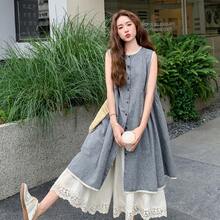 Women's Summer Sleeveless Shirt Dress, Midi Length, Button-Up Front, Round Neck, Simple Layered Look, Mori Girl Style, Loose Fit, Plus Sizes, Tunic Style, Flattering - Gris - Ver 4