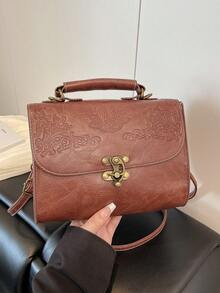 1pc High-End Pu Leather Floral Pattern Fashionable Handheld Shoulder Bag With Metal Lock Design - Brown - View 1