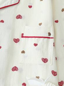 Women's Heart Print Bubble Crinkle Long Sleeve Pants Pajama Set - Apricot - View 3