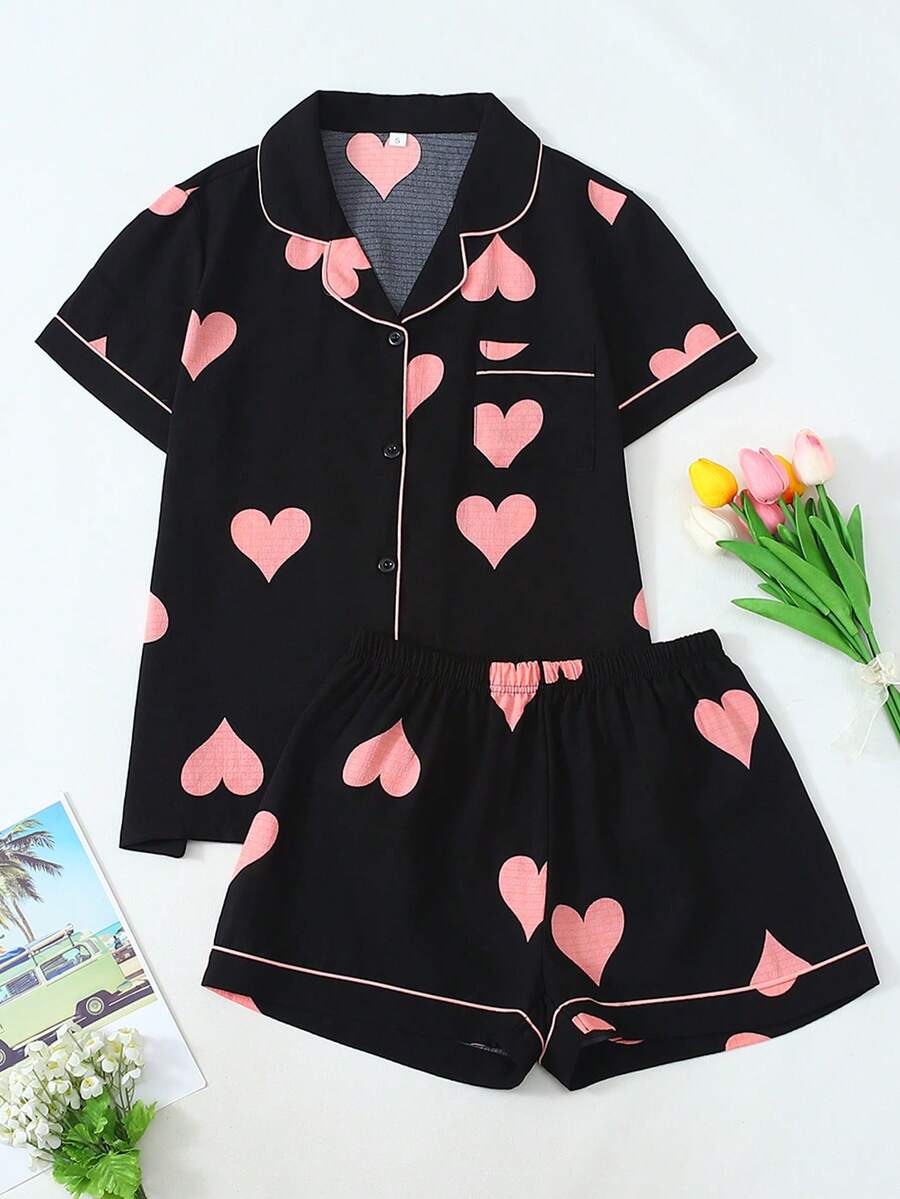 Cute Women's 2 Piece Pajama Set With Heart Print Design, Stylish And Comfortable Sleepwear For Casual And Daily Wear - màu đen - Xem 1