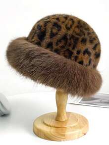 2025 Neue Leoparden-Plüsch Mongolenmütze, Vintage Damen Winddichte Ohrenschutz Fischerhut mit Verdickung, Lässiger Polyester Herbst/Winter Hut für kleine Gesichter