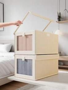 1pc Beige Covered Fabric Storage Box, Foldable Closet Organizer Box With Visible Window, Drawer Style Jeans Storage Container For Home - Beige With Lid - View 8