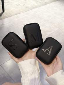 1pc Printed Data Cable Storage Bag, Zipper Closure, Black Base With Multicolor Uppercase Letter A-Z Pattern, Portable Organizer For Data Cable, Charger, Earphones For Summer Holiday Travel, Outdoor Activities Cable Organizer Travel Essentials