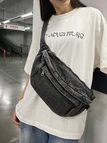 Large-Capacity Breast Bag For Boys Denim Crossbody Riding Bag For Women Korean Version Harajuku Style Ins Textured Shoulder Bag - Black - View 2