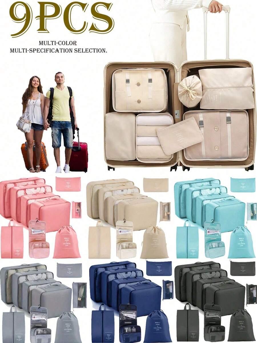 9 Peças Conjunto de Organizadores de Viagem, Bolsas de Armazenamento com Zíper de Grande Capacidade para Roupas, Sapatos, Cosméticos, Cubos de Embalagem de Bagagem Portáteis, Bolsa de Viagem Dobrável, Bolsa de Academia, Bolsa de Roupas Sujas