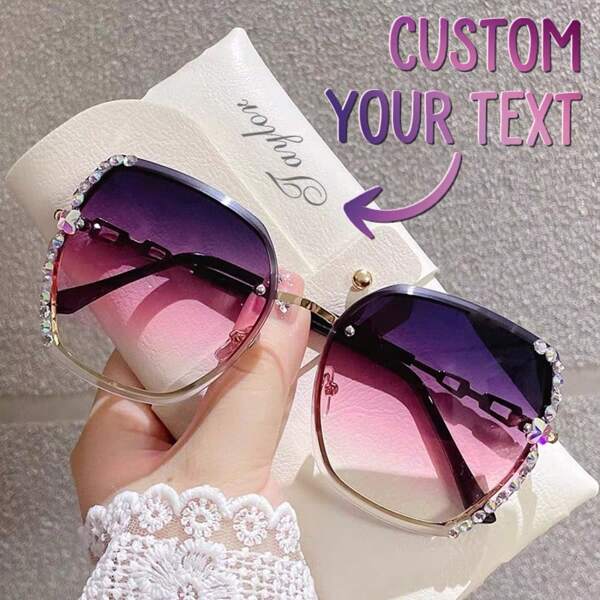 Ensemble de lunettes de mode décorées de strass haut de gamme pour femmes et étui en cuir avec texte personnalisé, convenant pour les vacances d'été à la plage, les activités de plein air, les lunettes de voyage et les lunettes de mode. Modifie la forme du visage. Un cadeau spécial