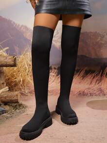 2025秋冬新款女靴，百搭时尚过膝靴，弹力靴，平底女靴，秋冬袜靴，过膝女靴，舒适女靴，时尚女靴，女士过膝靴 - 黑色 - 查看 4