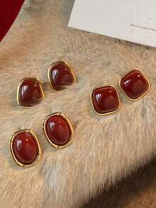 4 Pairs Retro Elegant Geometric Square Stud Earrings Set, Versatile & Fashionable Design Suitable For Women's Daily, Date, Holiday Wear - Burgundy - View 2