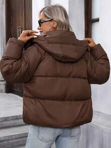 Damen verdickte kurze Kapuzen-Reißverschluss-Daunenjacke, warmer Outdoor-Mantel für den Winter - Kaffeebraun - Übersicht 8
