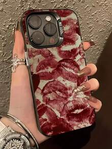 1个黑色全屏红色嘴唇印花个性化TPU防震手机壳，兼容苹果16、15、14、13、12、11 Pro Max系列，防水防摔防刮，国际版，非国内版 - 彩色 - 查看 2