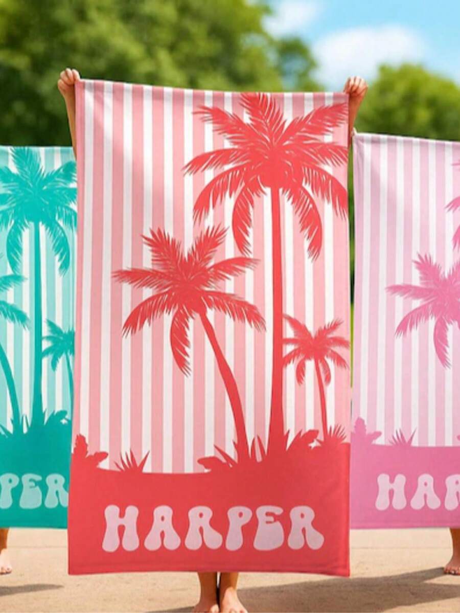 1pc Customizable Beach Towel, Personalized Palm Tree Design Beach Towel, Custom Beach Towel, Bridesmaid Towel, Birthday Vacation Gift, Family Travel Gift, Birthday Gift