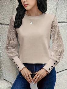 Blouse élégante à col rond en dentelle et patchwork à manches longues pour femmes, T-shirt à manches longues et col rond