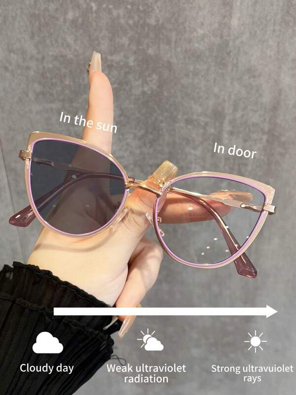 1 pieza Marcos de gato de metal, un imprescindible para looks naturales. Cambian de color a la luz exterior cuando estás cerca de teléfonos móviles o computadoras en interiores. de moda para mujer con forma de ojo de gato