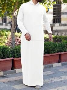 男士纯色连帽口袋休闲阿拉伯风格长袍，秋冬