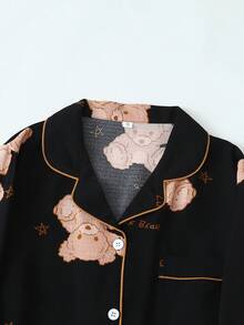 Damski komplet piżamowy z długim rękawem i nadrukiem w misie, z marszczeniami, na jesień i zimę - Czarne - Zobacz 4