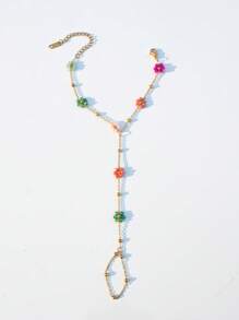 1pc Elegant Handmade Beaded Colorful Flower Design Stainless Steel Full Finger Ring Chain Bracelet For Women