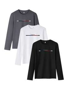 3 Pcs/Set Men's Casual Everyday Letter Print Long Sleeve T-Shirts, Autumn Tee , Fall Clothes - Multicolor - View 2