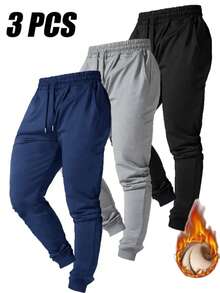 3pcs Men's Autumn/Winter Thermal Lined Sweatpants, Solid Color Casual Thick Pants, Suitable For Daily Wear, Outdoor Hiking, Running, Fitness, Trekking, Jogger Pants