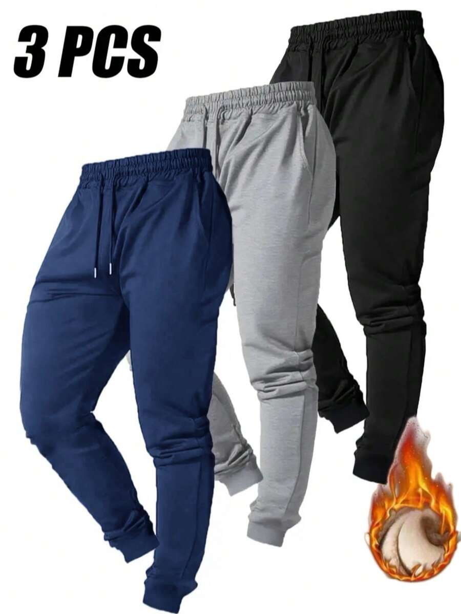 3pcs Men's Autumn/Winter Thermal Lined Sweatpants, Solid Color Casual Thick Pants, Suitable For Daily Wear, Outdoor Hiking, Running, Fitness, Trekking, Jogger Pants