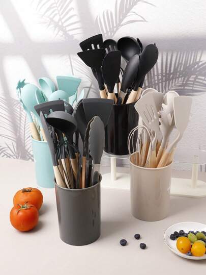 Wood Handle Silicone Kitchen Utensils, Heat Resistant Food Tongs Mixer Accessories, Cooking Tools