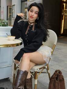 Casual Fashion Versatile Celebrity Letter Embroidery Single-Breasted Design Fitted Long Sleeve Cardigan Sweater Jacket, New Autumn Collection,Back To School Clothes,Fall Women Clothes, - Black - View 5