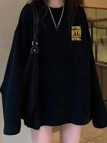 Black Long Sleeve Round Neck T-Shirt With Graphic Print, Casual & Versatile For Women, Autumn - Black - View 4