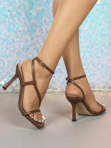 摩卡高跟凉鞋，性感方头系带小猫跟高跟鞋，春夏新款日常百搭纯色女士拖鞋，细高跟婚礼新娘高跟凉鞋，优雅派对场合棕色细高跟女鞋，新款夏季高跟拖鞋，正式场合高跟凉鞋，时尚女士高跟踝带凉鞋 - 摩卡棕 - 查看 7