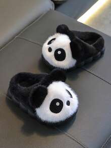 1双儿童毛绒拖鞋，男童冬季居家厚底保暖卡通可爱熊猫拖鞋 - 黑色 - 查看 2