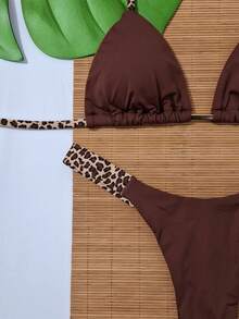 Bicolor Set Perfect Bronze Curtain With Double String Panties Halter Bikini Polyamide Casual Elegant Sensual Backless / Backless Knot At The Back - Nâu và báo - Xem 3