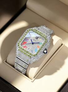 DAYAND NIGHT Luxury Brand Fully Iced-Out Quartz Wristwatch, Unisex Casual Business Watch With High-Quality Rhinestones, Large Size, Multi-Color Options, Versatile For Party, Formal Occasions Or Daily Wear. Perfect Gift For Valentine's Day, Anniversary Or Birthday. Silver Watch, Suitable For Christmas, Halloween