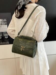 1pc Fashionable Pu Leather Embossed Handbag With Metal Lock Design, High-End Texture, Shoulder Bag Or Tote Bag - Green - View 7