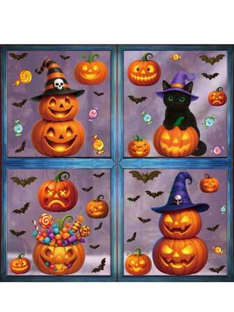 4 stuks Halloween decoratieve stickers, pompoen & zwarte kat statische raamstickers, spookachtige sfeer raamstickers, muurdecoratie, Halloween feestartikelen