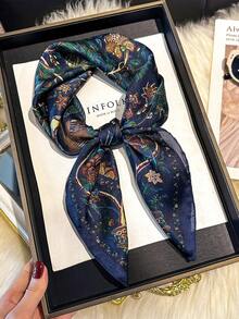 1 chiếc khăn vuông nhỏ họa tiết hoa văn Paisley bằng lụa giả 27,6 inch, khăn bandana mới dành cho nữ, cà vạt đa năng, phụ kiện tóc, khăn quàng cổ thời trang, dùng để trang trí váy - Màu xanh hải quân - Xem 2