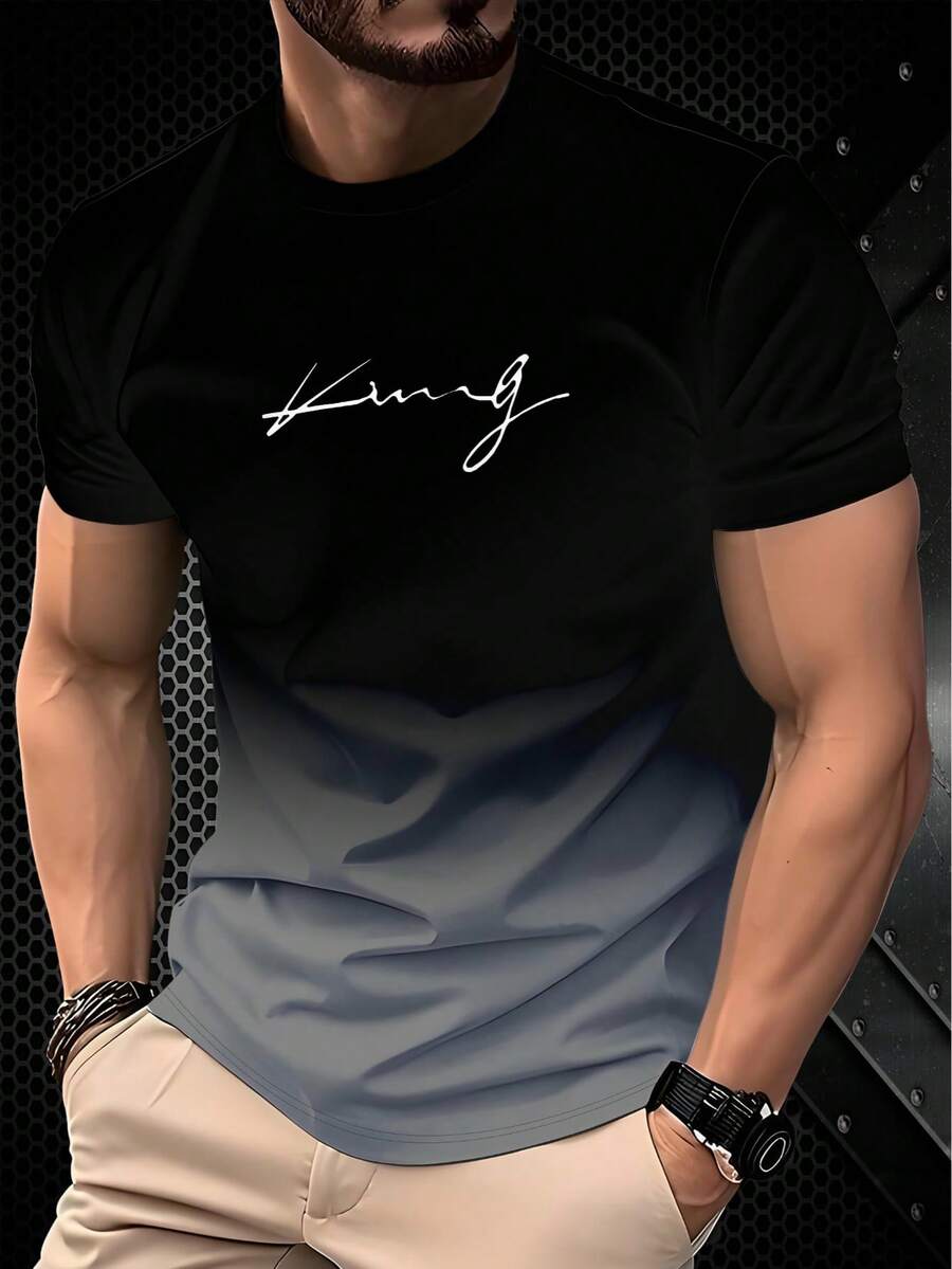 黑色和红色渐变色短袖醒目男士 T 恤，带有“King”字样 - 彩色 - 查看 1