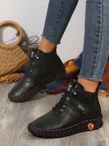 Bottines à bout rond pour femmes, confortables avec semelle souple faites à la main, bottes de plein air casual et de sport - Noir - Voir 4