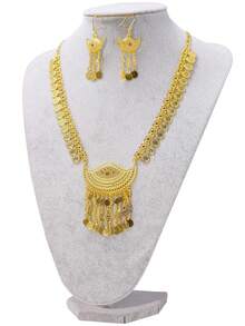 1套24K镀金锌合金中东风格镂空硬币流苏项链和耳环套装（女士） - 金色 - 查看 5